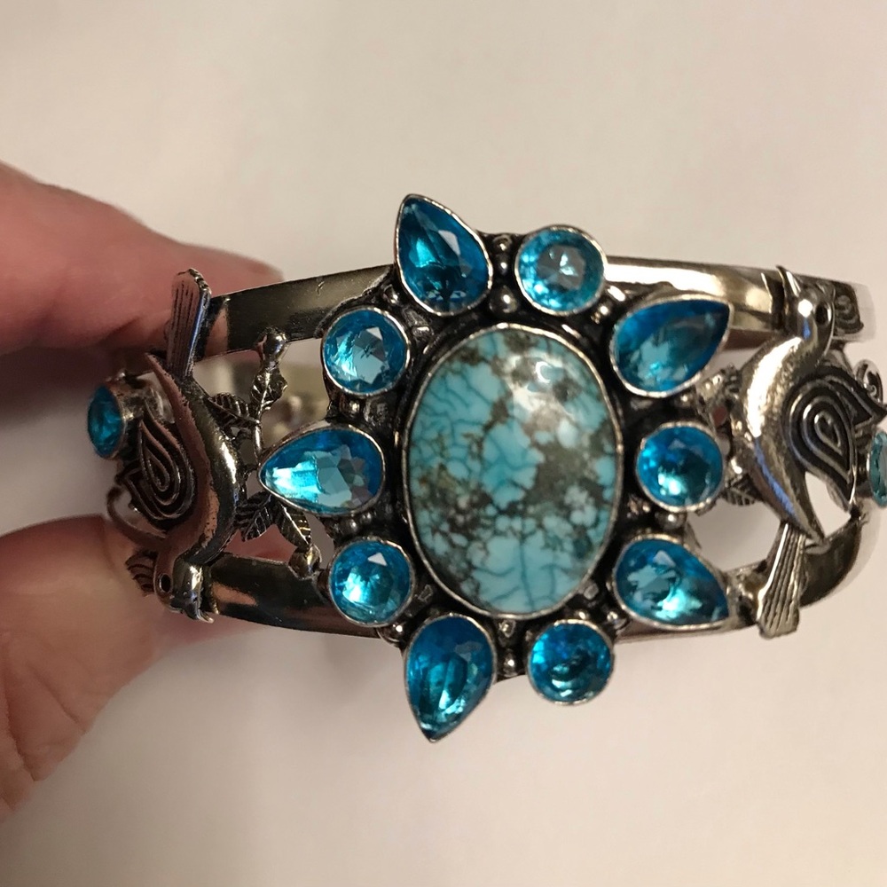 Turquoise Blue Topaz Stamped 925 Sterling Silver Cuff Bracelet